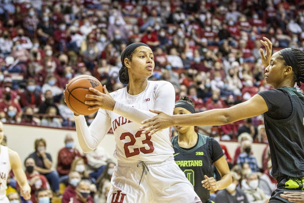 <p>Sophomore forward Kiandra Browne looks to pass the basketball against Michigan State on Feb. 12, 2022, at Simon Skjodt Assembly Hall. Brown had 6 rebounds in Indiana&#x27;s 76-58 win over Michigan State.</p>
