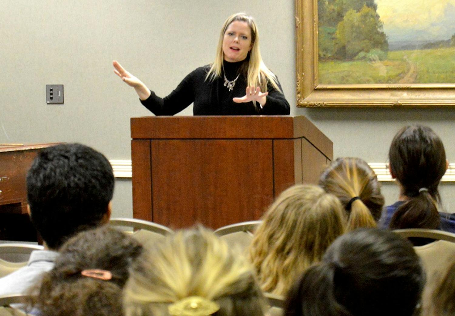 Jennifer Thurma, director of Victim Services for the Indiana Attorney General, speaks about the sources and statistics behind human trafficking Tuesday at State Room East in the Indiana Memorial Union. "The Hidden Reality: An Interactive Program on Human Trafficking" included an interactive process that led participants through various countries where human trafficking occurs. 