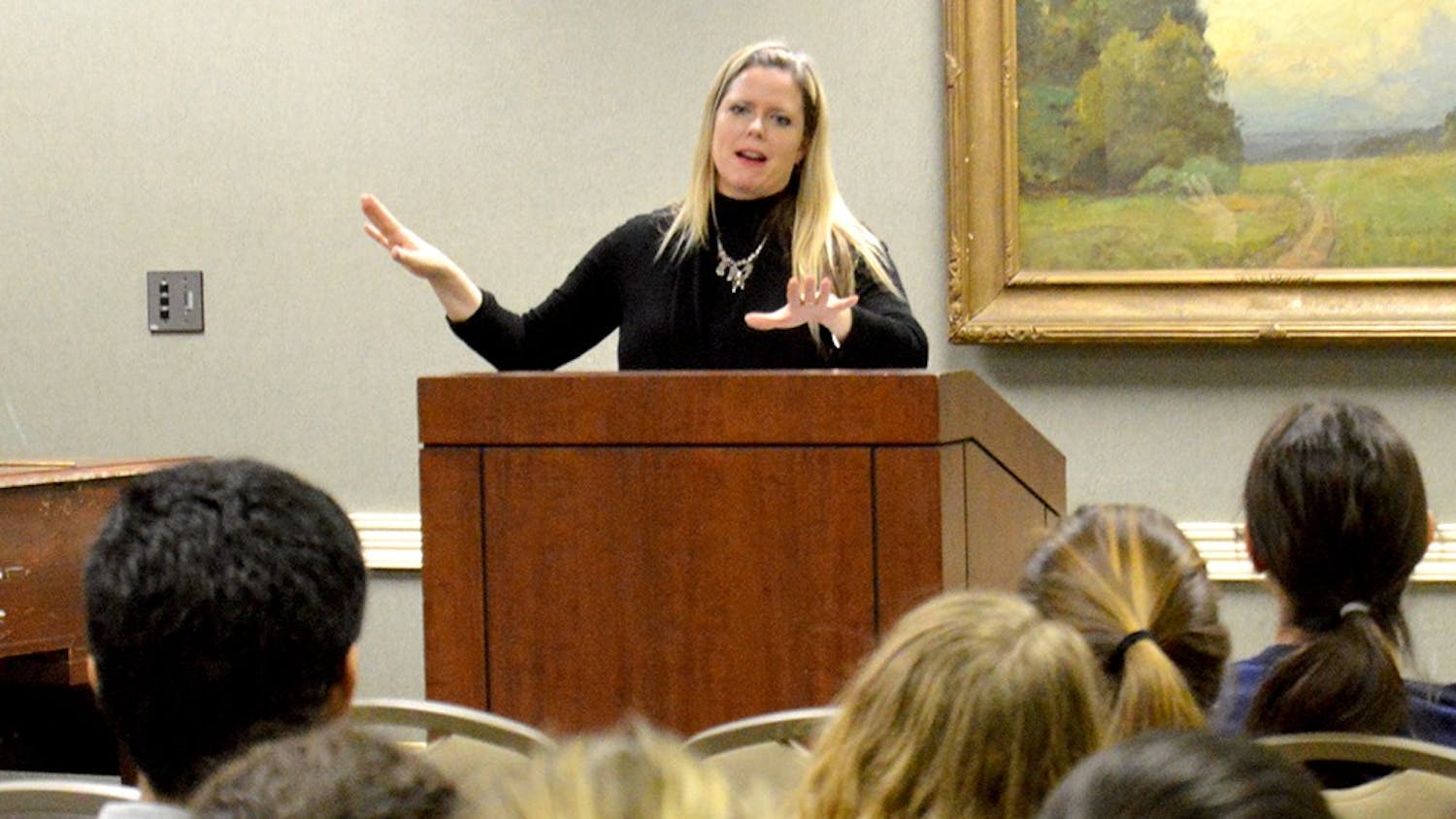 Jennifer Thurma, director of Victim Services for the Indiana Attorney General, speaks about the sources and statistics behind human trafficking Tuesday at State Room East in the Indiana Memorial Union. "The Hidden Reality: An Interactive Program on Human Trafficking" included an interactive process that led participants through various countries where human trafficking occurs.