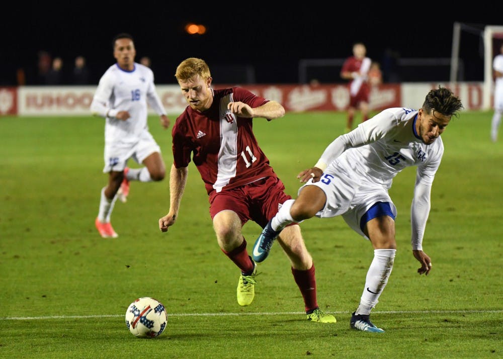 Then-junior, now senior midfielder Cory Thomas dribbles the ball against Kentucky Oct. 11, 2017 at Bill Armstrong Stadium. No. 2 IU travels to Lexington, Kentucky on Wednesday to take on the No. 5-ranked Wildcats.&nbsp;
