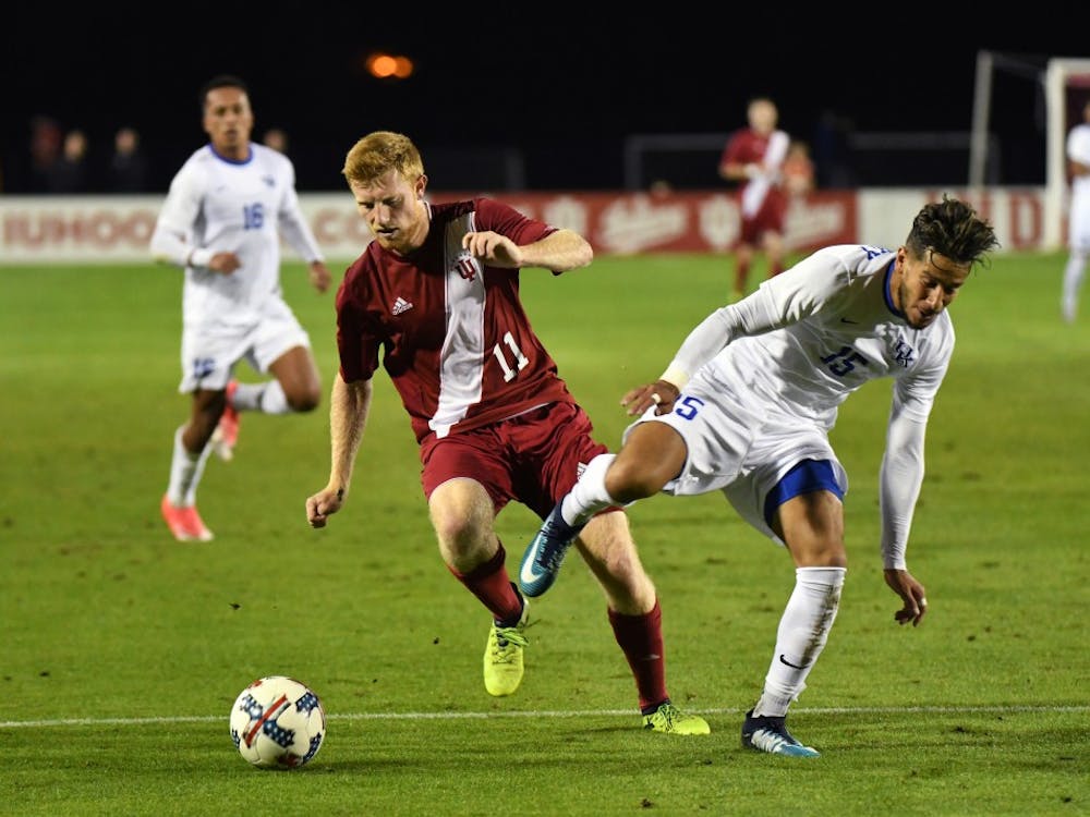 Then-junior, now senior midfielder Cory Thomas dribbles the ball against Kentucky Oct. 11, 2017 at Bill Armstrong Stadium. No. 2 IU travels to Lexington, Kentucky on Wednesday to take on the No. 5-ranked Wildcats.&nbsp;