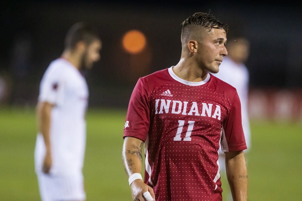 <p>Fifth-year senior defender Nyk Sessock stands ready Sept. 17, 2021, at Bill Armstrong Stadium. Sessock transferred to Indiana after two years with the University of Pittsburgh.</p><p><br/></p>
