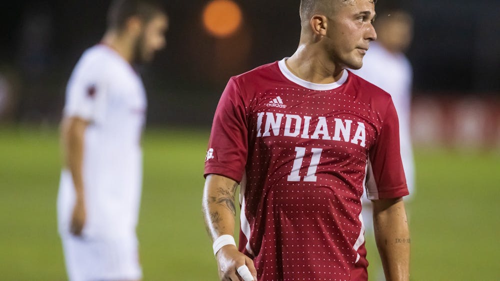 Fifth-year senior defender Nyk Sessock stands ready Sept. 17, 2021, at Bill Armstrong Stadium. Sessock transferred to Indiana after two years with the University of Pittsburgh.