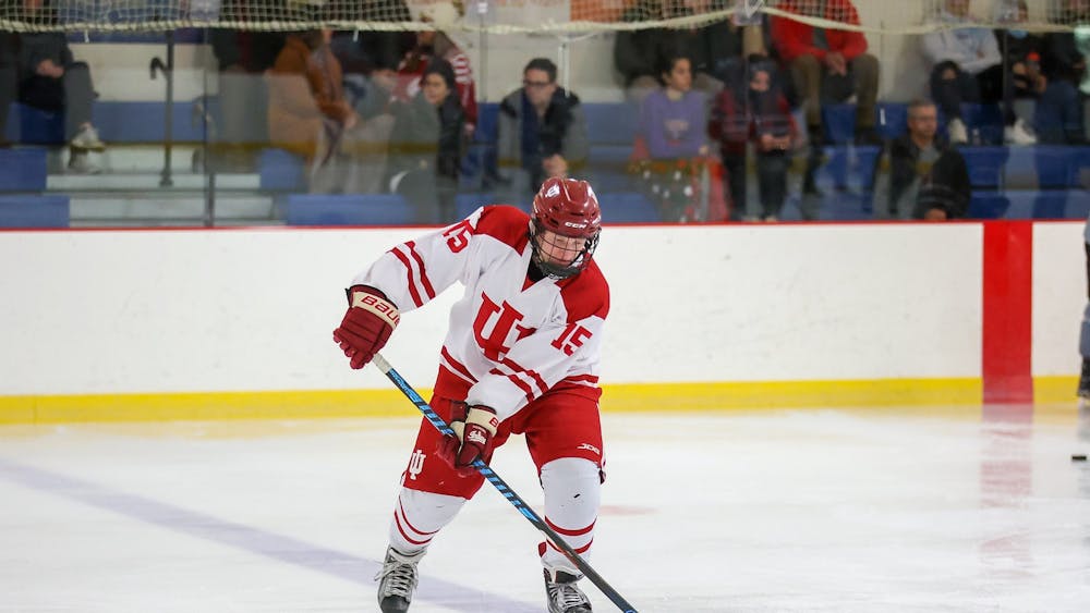 Then-junior forward Carter Bonecutter controls the puck during Indiana&#x27;s club hockey team game against the University of Kentucky on Nov. 20, 2021, at Frank Southern Ice Arena in Bloomington. IU begins its season facing Concordia University Wisconsin in a weekend doubleheader.