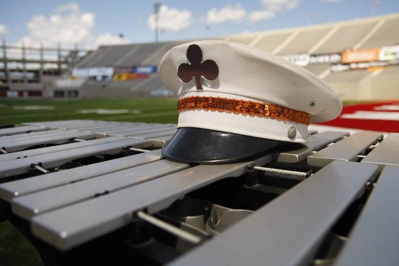 A uniform hat rests on a xylophone prior to the Pioneers' DCI Quarterfinals performance Thursday afternoon at Memorial Stadium.