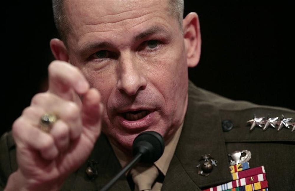 General Peter Pace, chairman of the Joint Chiefs of Staff, testifies before the Senate Armed Services committee on Bush's $624.6 billion request in defense spending on Feb. 6, 2007, on Capitol Hill in Washington, D.C.