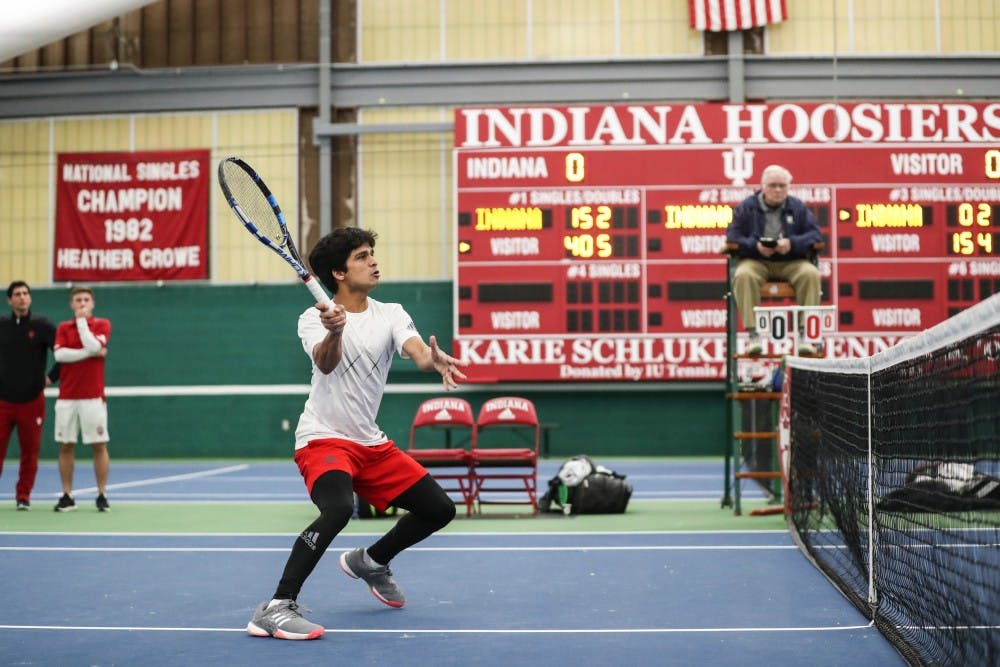 <p>Freshman Vikash Singh plays against the University of Central Florida on Feb. 8 at the IU Tennis Center. Singh grew up playing tennis down the street from his home in Koppal, India.&nbsp;</p>