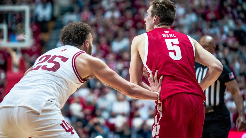 Junior Forward Race Thompson guards Winsconsin&#x27;s Tyler Wahl in the first half Feb. 15, 2022, at Simon Skjodt Assembly Hall. Indiana&#x27;s losing streak was extended to four games in its 74-69 defeat to No. 15 Wisconsin on Tuesday. 