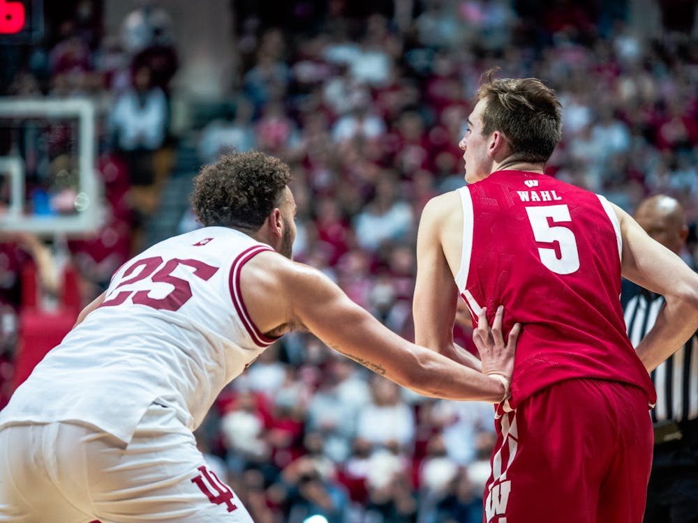 Junior Forward Race Thompson guards Winsconsin&#x27;s Tyler Wahl in the first half Feb. 15, 2022, at Simon Skjodt Assembly Hall. Indiana&#x27;s losing streak was extended to four games in its 74-69 defeat to No. 15 Wisconsin on Tuesday. 