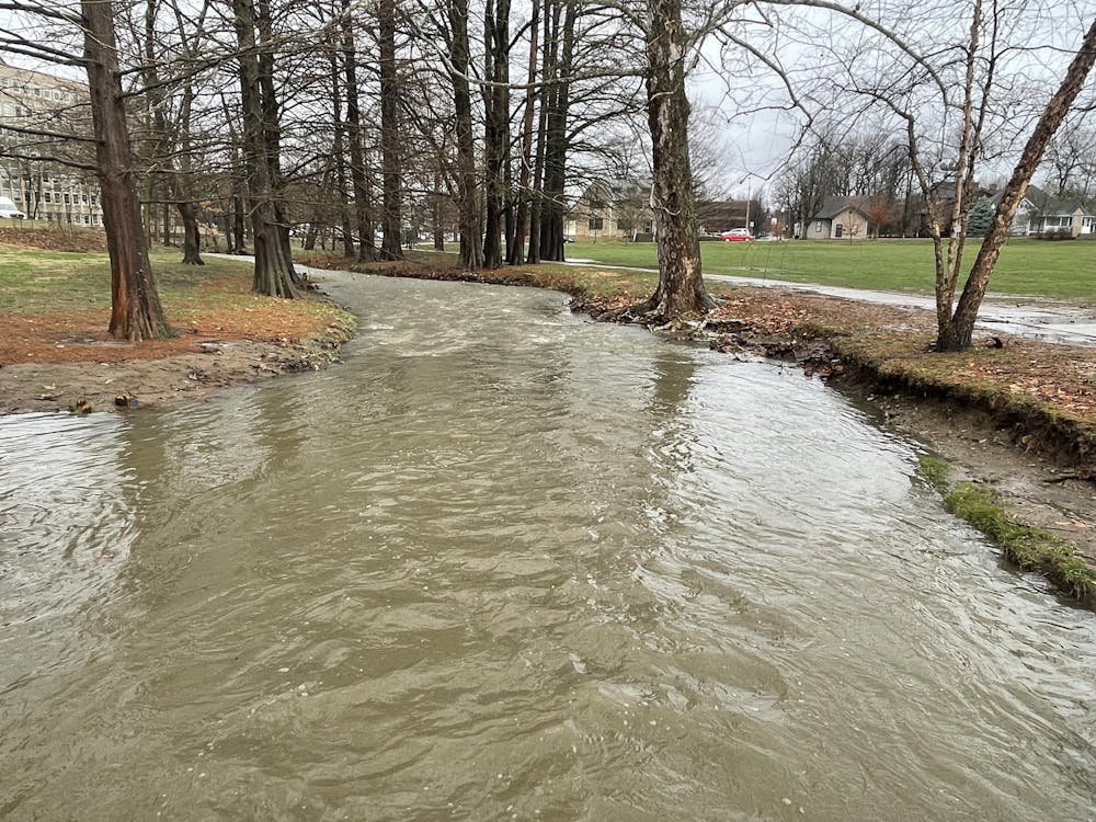 The campus river is seen on March 3, 2023, in Dunn Meadow. The National Weather Service has issued a flood watch until late Friday night.