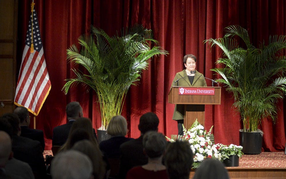 IU Provost Lauren Robel discusses diversity, the common app, and increased enrollment before being interrupted by protestors from Students Against State Violence (SASV) during the State of the Campus address Tuesday evening in President’s Hall.