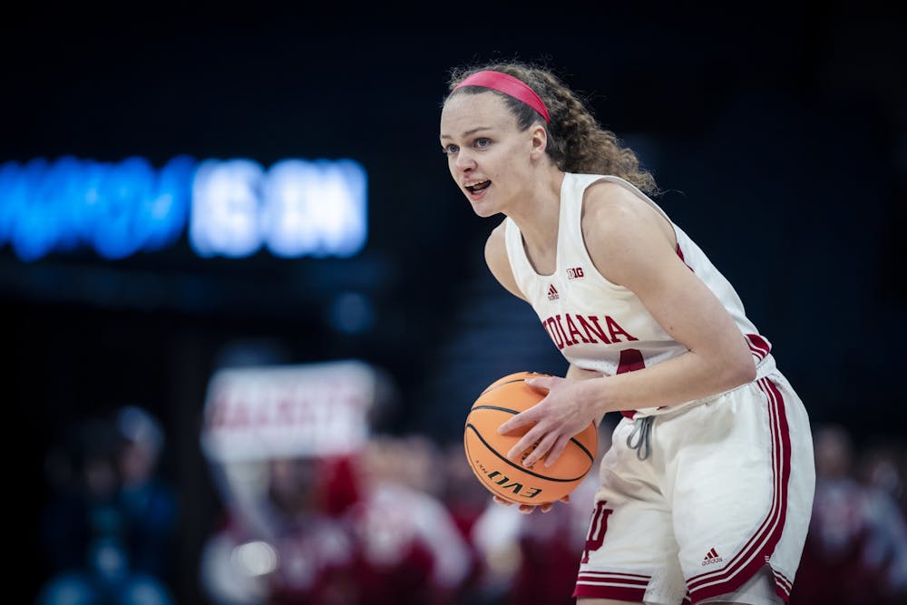 Graduate guard Grace Berger commicates with teamates Mar. 3, 2023, at the Target Center in Minneapolis, Minnesota. Indiana plays Miami on Monday night.