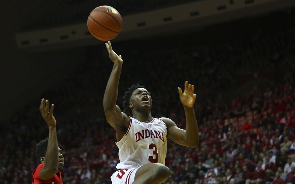 Sophomore forward OG Anunoby is fouled going for a slam dunk on the Rutgers net.  The Hoosiers beat Scarlet Knights 76-57 Sunday. 