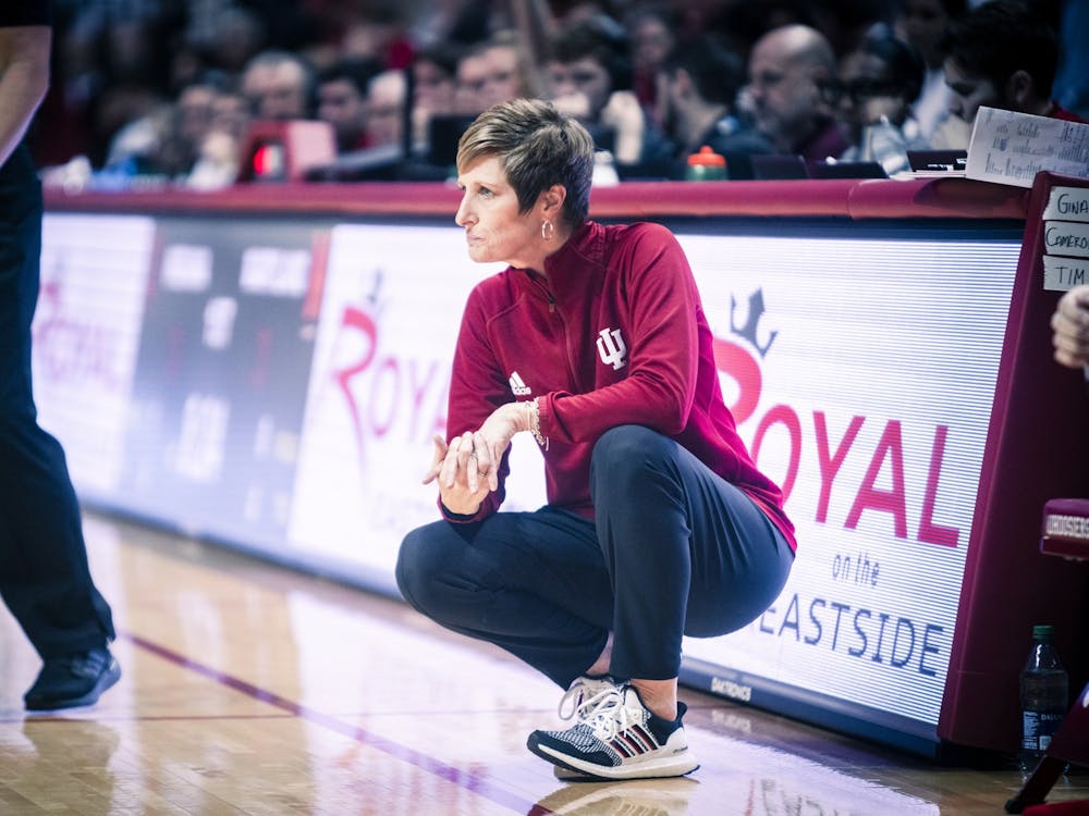 Head Coach Teri Moren looks towards the court during Indiana women's basketball's game against Maryland on Jan. 12, 2023 at Simon Skjodt Assembly Hall in Bloomington, Indiana. Moren was an assistant coach for the United States team in the FIBA under-19 Women's Basketball World Cup, which won gold Sunday. 