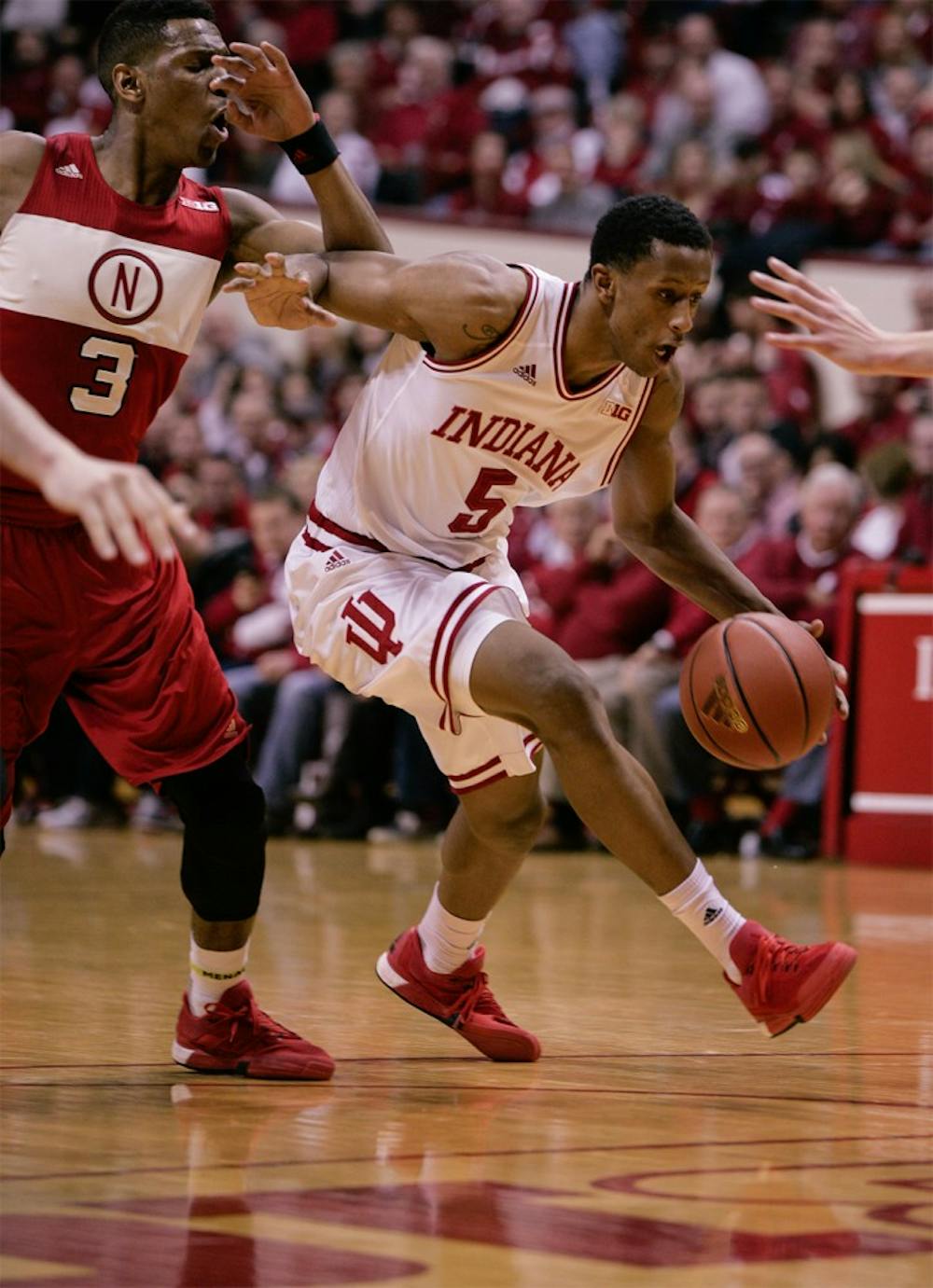 Junior forward Troy Williams dribbles the ball up the court against Nebraska. Williams led the Hoosiers in scoring with 18 points to help IU beat Nebraska 80-64 Wednesday at Assembly Hall.