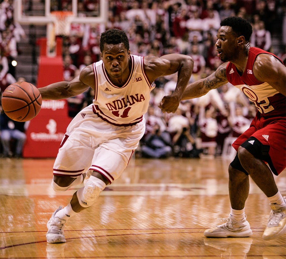 Senior guard Yogi Ferrell runs the ball to the basket to score. Ferrell scored 11 points against Nebraska to help the Hoosiers defeat the Cornhuskers 80-64 Feb 17.