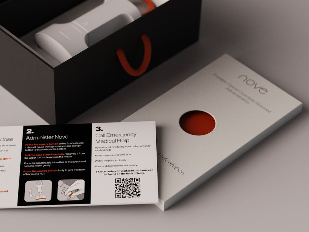 A 3-D render of a Nove device, packaging and instructions is shown. The device has a patent pending.