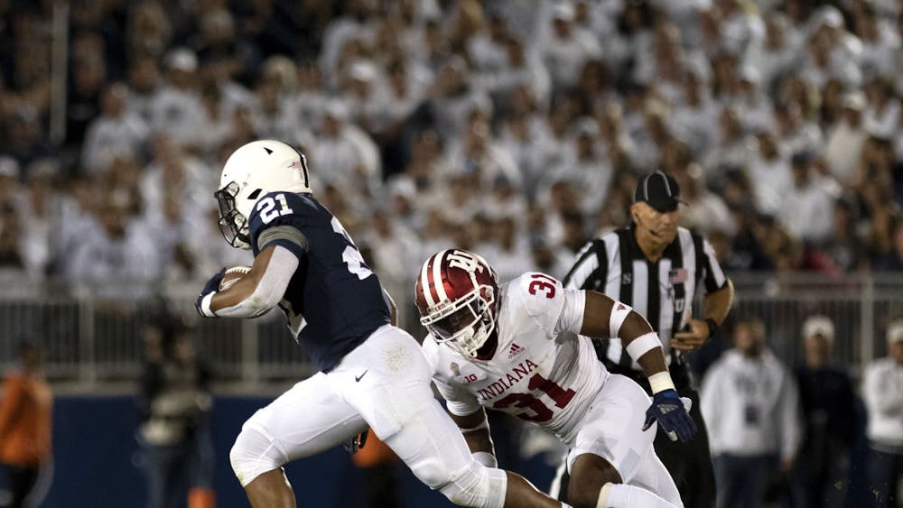 Redshirt senior defensive back Bryant Fitzgerald attempts to make a tackle against Penn State on Oct. 2, 2021, at Beaver Stadium. Indiana lost on the road to Penn State 24-0.