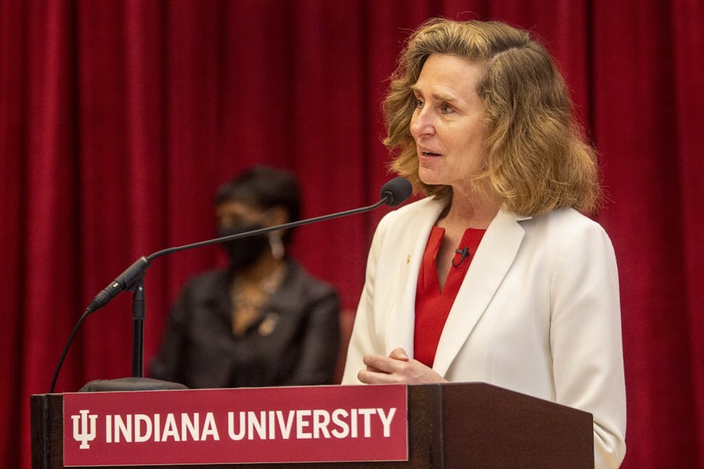 Then-IU President Elect Pamela Whitten speaks April 16 in Neal Marshall Grand Hall. IU has launched national searches for administrative leadership positions, according to the university.