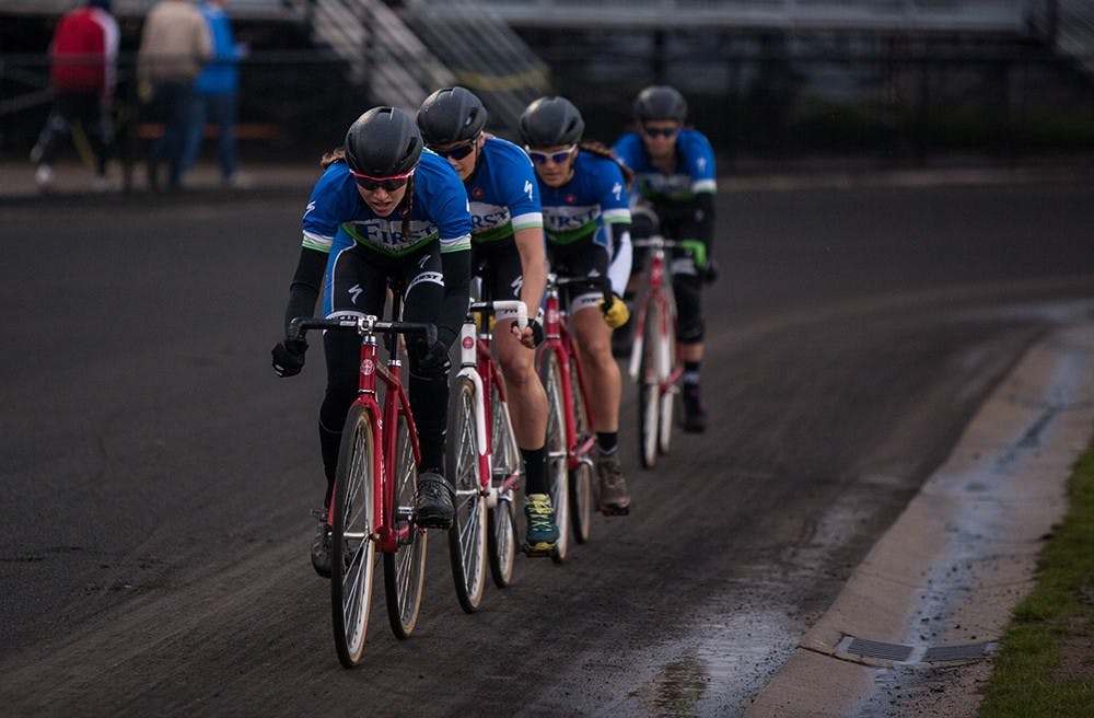 Teter Cycling rides through turn four at Bill Armstrong Stadium on Sunday during Team Pursuit.