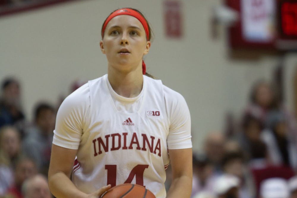 <p>Senior guard Sara Scalia looks for an open pass Nov. 17, 2022, at Simon Skjodt Assembly Hall. Indiana defeated Bowling Green 96-61.</p>