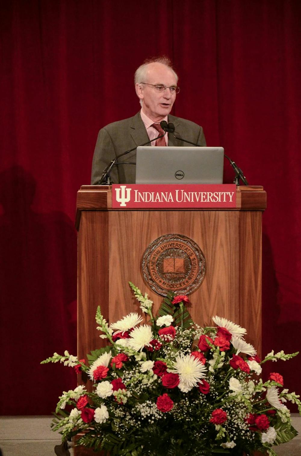 Sir Hew Strachan, Professor of International Relations from University of St. Andrews, delivers the fourth annual Indiana University Patrick O'Meara International Lecture titled "The Centenary of the First World War: Commemoration or Celebration" in Indiana Memorial Union Alumni Hall on Wednesday.
