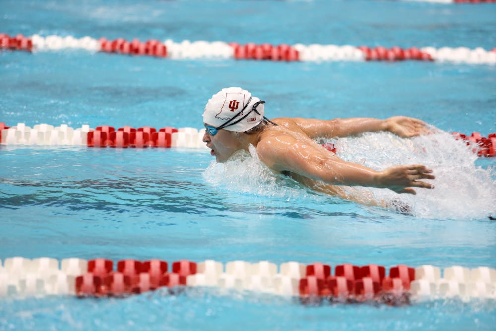<p>Freshman Alejandro Kincaid participates in the men&#x27;s 200 fly Dec. 2, 2022, in the Student Recreational Sports Center. Kincaid placed sixth in the event. </p>