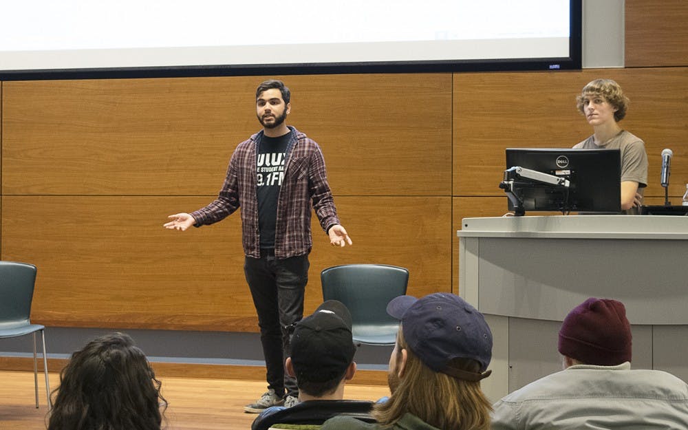 Brian Berger, WIUX station manager, speaks about the recent decision to transfer the WIUX headquarters from the station house on Eighth Street and Park Avenue to Franklin Hall. The Tuesday night town hall meeting in the Global and International Studies Building addressed WIUX members’ concerns about the change, which is scheduled for May 2017.