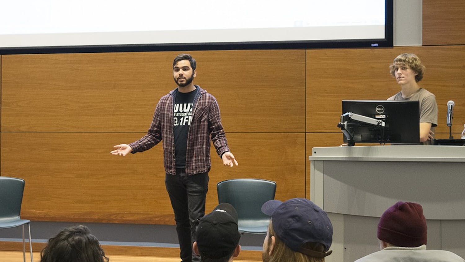 Brian Berger, WIUX station manager, speaks about the recent decision to transfer the WIUX headquarters from the station house on Eighth Street and Park Avenue to Franklin Hall. The Tuesday night town hall meeting in the Global and International Studies Building addressed WIUX members’ concerns about the change, which is scheduled for May 2017.
