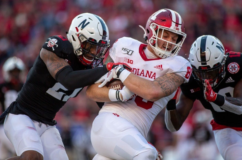 <p>Junior tight end Peyton Hendershot runs with the ball after a reception Oct. 26, 2019, at Memorial Stadium in Lincoln, Nebraska. Hendershot, who apologized Oct. 9 for a February arrest on four misdemeanor charges, including domestic battery and criminal trespass, has struggled to find consistency in the IU offense.</p>