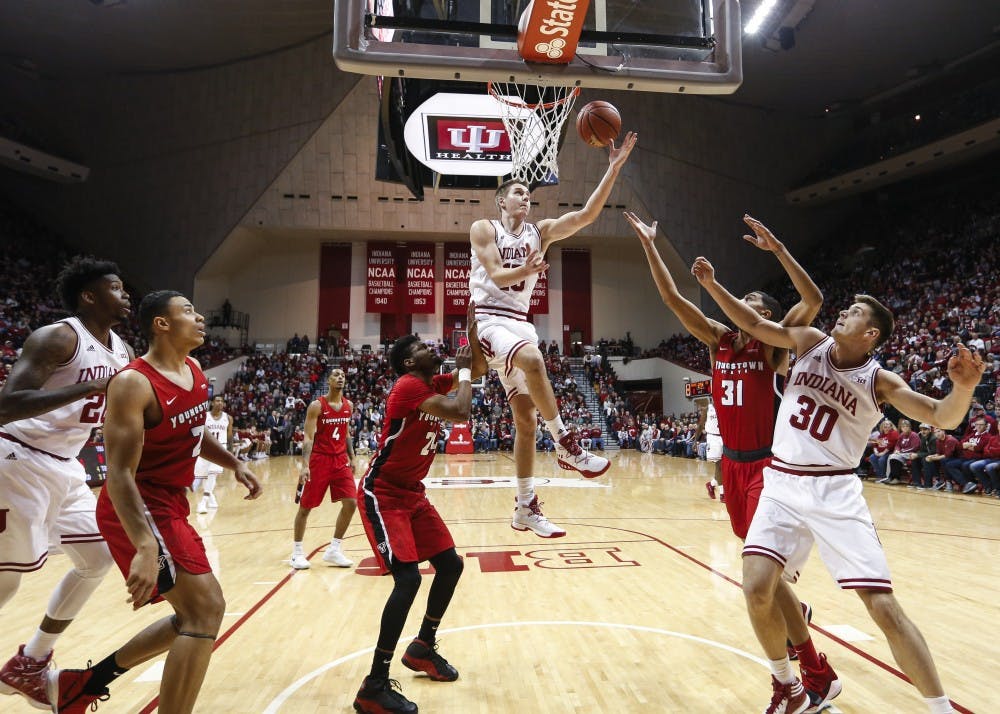 Junior guard Zach McRoberts makes a layup during the Hoosiers' game against the Youngstown State Penguins on Friday at Simon Skjodt Assembly Hall. The Hoosiers beat the Penguins, 79-51.