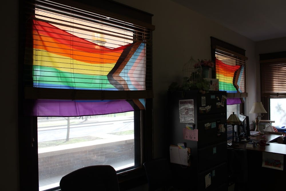 <p>Two rainbow progress flags are seen on Feb. 21, 2023, in the LGBTQ+ Culture Center. Senate Bill 480<a href="https://iga.in.gov/legislative/2023/bills/senate/480" target="_blank"></a>, if passed, will prohibit a physician or other medical practitioner from knowingly performing gender transition procedures on minors in Indiana. </p>