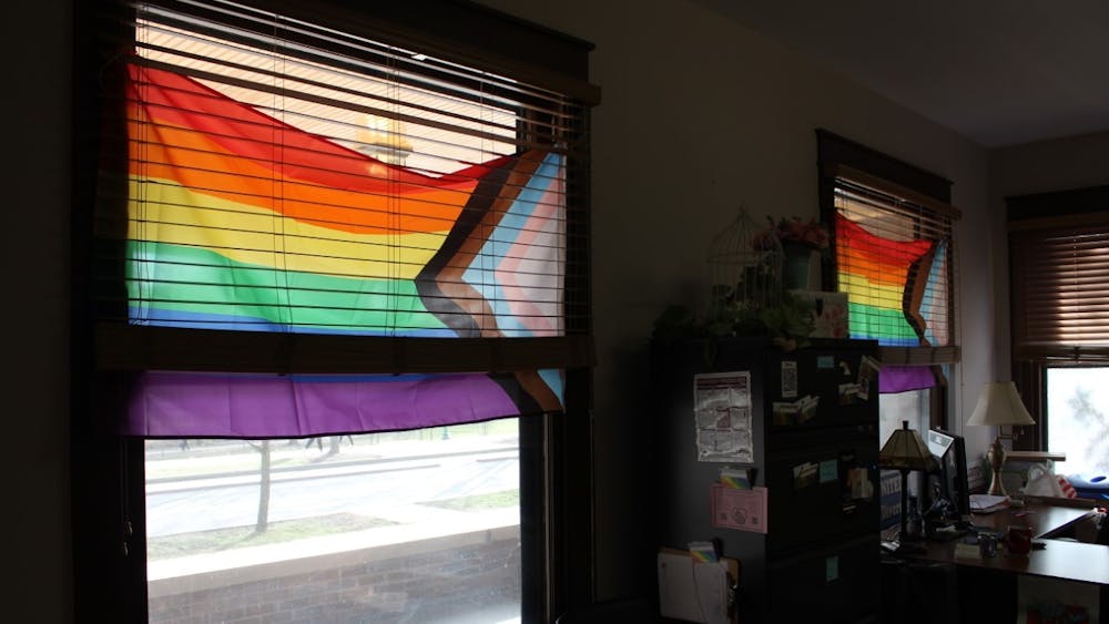 Two rainbow progress flags are seen on Feb. 21, 2023, in the LGBTQ+ Culture Center. Senate Bill 480, if passed, will prohibit a physician or other medical practitioner from knowingly performing gender transition procedures on minors in Indiana. 