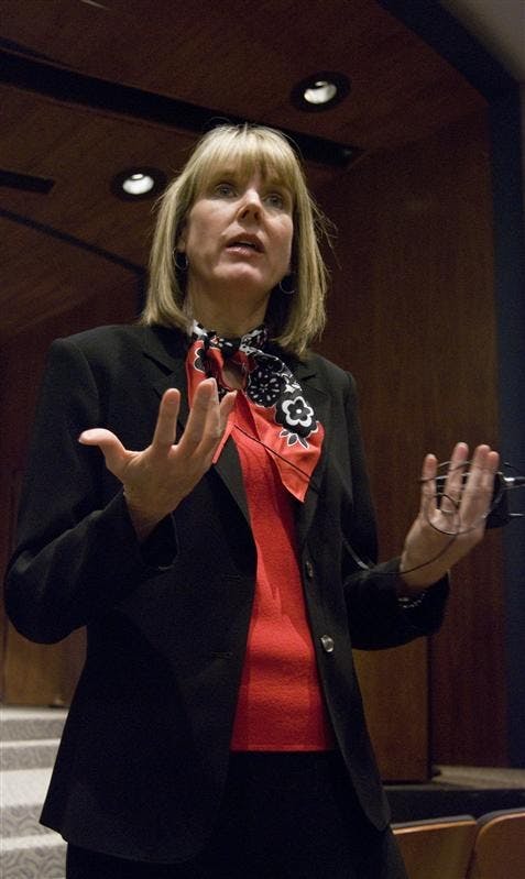 Lori Reesor, current Associate for Vice President for Student Success at the University of Kansas, talks about her credentials for dean of students Monday afternoon at Whittenberger Auditorium. Reesor talked about working with current dean Dick McKaig, her experience with greek life at Kansas and Wichita State University and how to get faculty to engage with undergraduate students.
