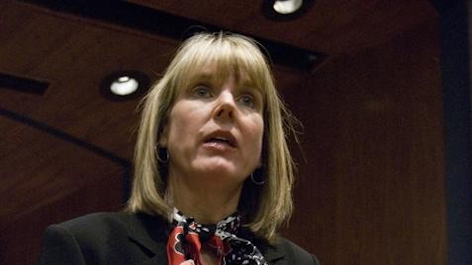 Lori Reesor, current Associate for Vice President for Student Success at the University of Kansas, talks about her credentials for dean of students Monday afternoon at Whittenberger Auditorium. Reesor talked about working with current dean Dick McKaig, her experience with greek life at Kansas and Wichita State University and how to get faculty to engage with undergraduate students.