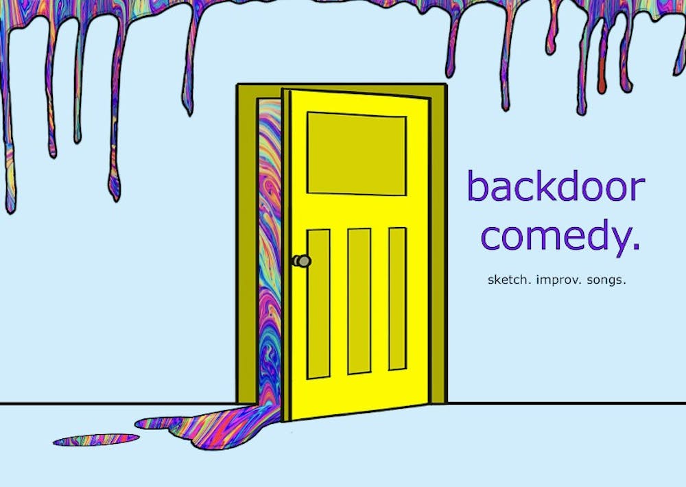 后门喜剧的标志。校园喜剧团体“后门喜剧”(Backdoor Comedy)将在晚上9点举行他们这一季的第二场演出。2021年9月18日，印第安纳州纪念联盟客舱东部。