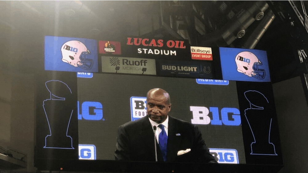 Big Ten Commissioner Kevin Warren appears on the jumbotron during Big Ten Media Days on Thursday in Indianapolis. Warren spoke on NIL, possible College Football Playoff expansion and more during his speech.