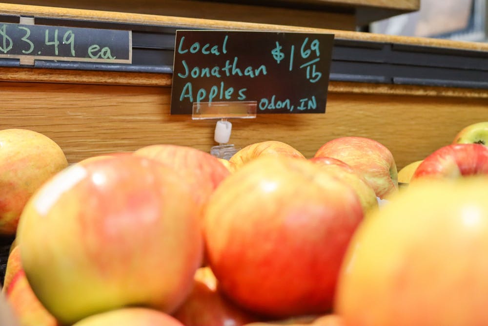 Locally grown apples appear Oct. 18, 2021, at Bloomingfoods in Bloomington, IN. Bloomingfoods sells a wide variety of local and domestic produce. 