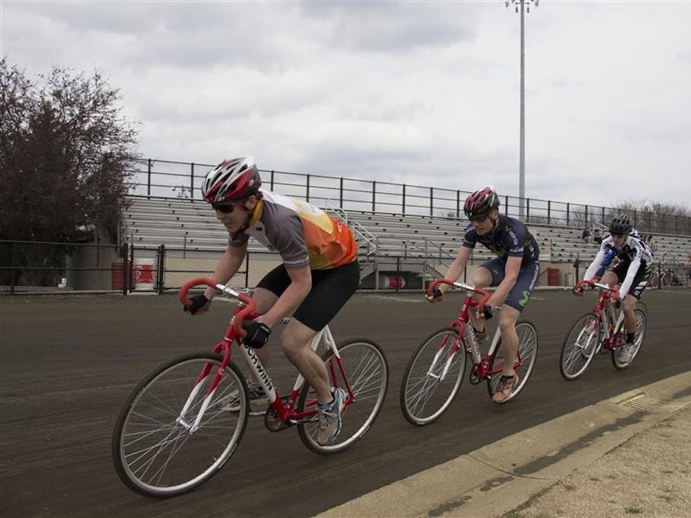 The men's Northern Indiana biking team races during team pursuit on April 13 at the Bill Armstrong Stadium. They finished with at time of 10:49.24, putting them in 24th place. 
