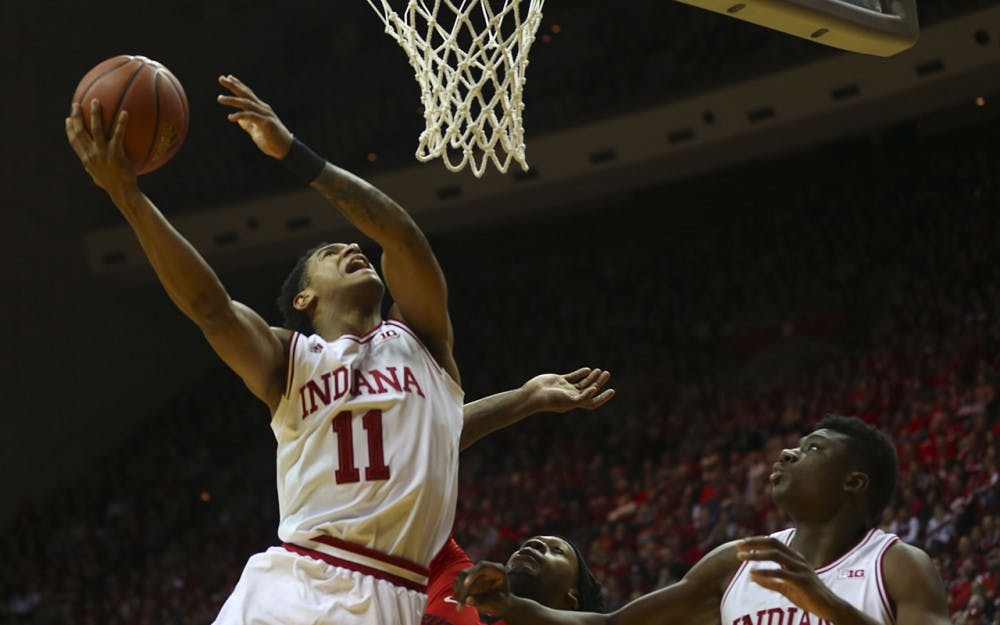 Freshman guard Devonte Green swings up for a layup on the Rutgers net.  The Hoosiers beat Scarlet Knights 76-57 Sunday. 