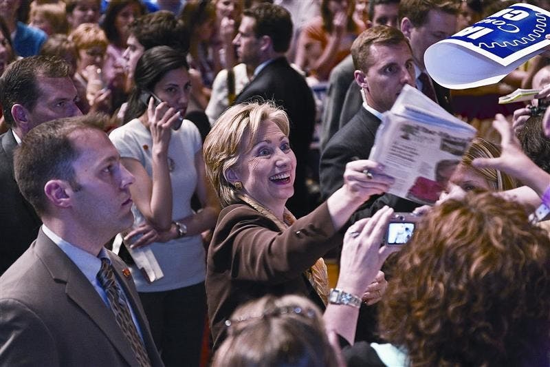 Sen. Hillary Clinton, D-N.Y., greets supporters and signs autographs following her speech April 25 at Assembly Hall.