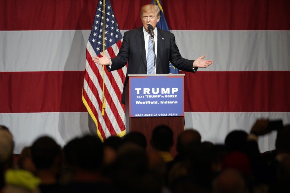 Donald Trump, republican presidential candidate, speaks during a Trump rally in Westfield, Ind. on Tuesday evening.