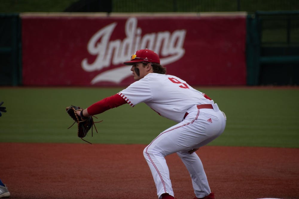 <p>Sophomore first baseman Brock Tibbitts waits for the ball March 21, 2023, at Bart Kaufman Field in Bloomington. Indiana beat Indiana State 15-5 on Tuesday.</p>