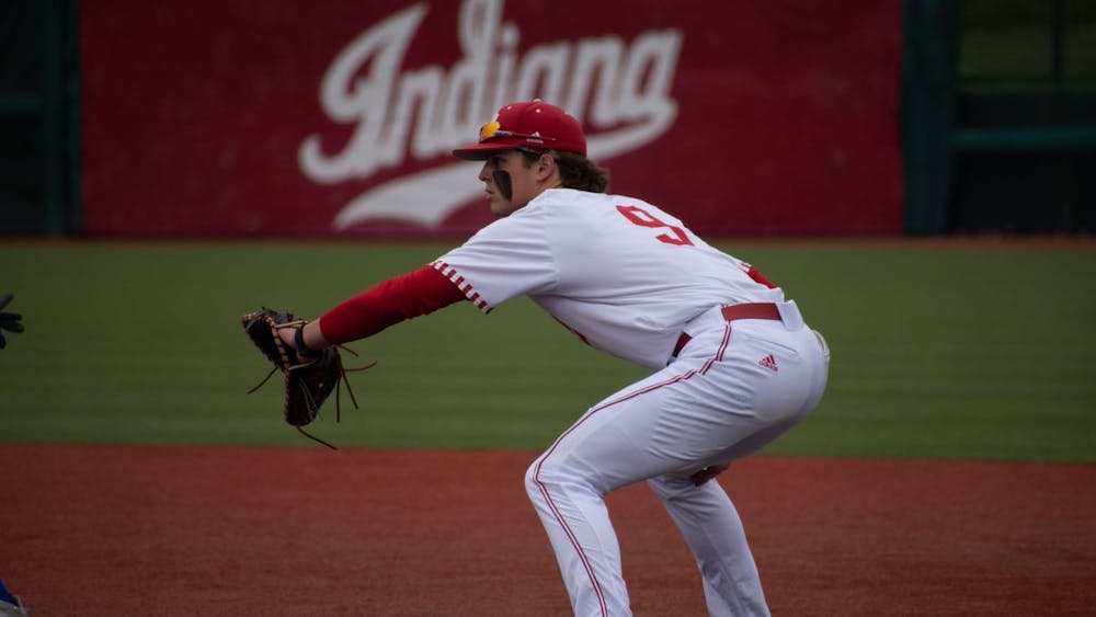 Sophomore first baseman Brock Tibbitts waits for the ball March 21, 2023, at Bart Kaufman Field in Bloomington. Indiana beat Indiana State 15-5 on Tuesday.