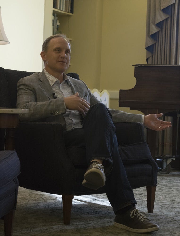 Eric Shanks, Fox Sports President and executive producer, answers questions during a news conference at the University Club Thursday afternoon. 