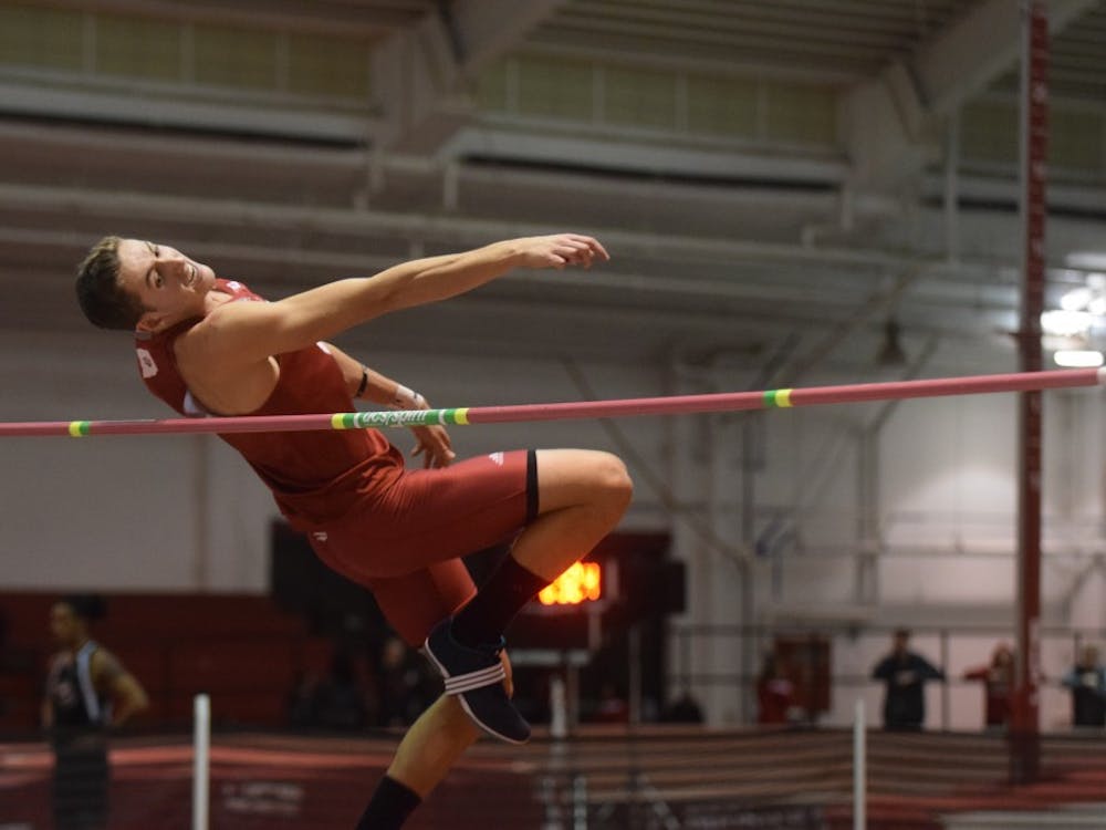Current junior multi-event athlete Chase Pacheco competes in the high jump as part of the heptathlon in the IU Relays on Jan. 27, 2017, in Harry Gladstein Fieldhouse. Both men's and women's track and field teams competed in the Gladstein Invitational last weekend.
