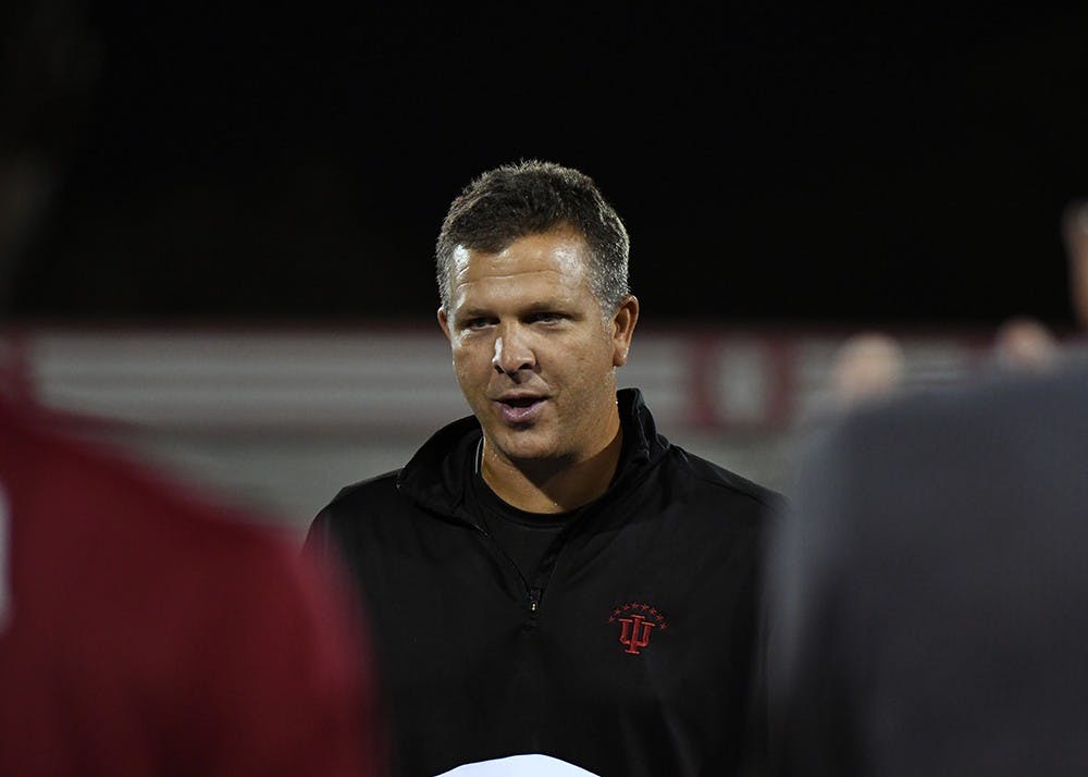 Coach Todd Yeagley talks to the team after its 4-0 win over Evansville last year at Bill Armstrong Stadium. Yeagley and the team will head to Evansville on Friday night.&nbsp;