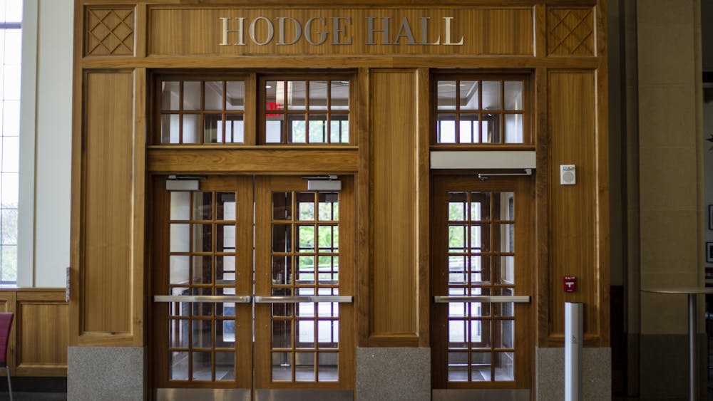 A set of doors in seen April 30, 2023, from inside Hodge Hall. The Kelley School of Business launched an Institute for Environmental and Social Sustainability on April 24, 2023.