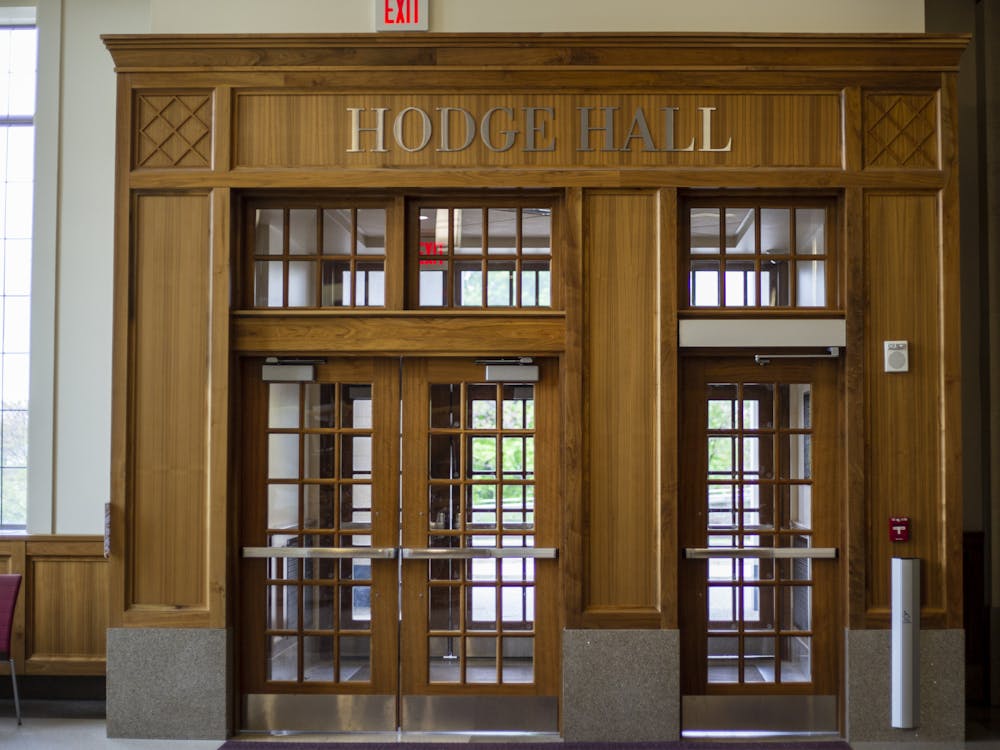 A set of doors in seen April 30, 2023, from inside Hodge Hall. The Kelley School of Business launched an Institute for Environmental and Social Sustainability on April 24, 2023.