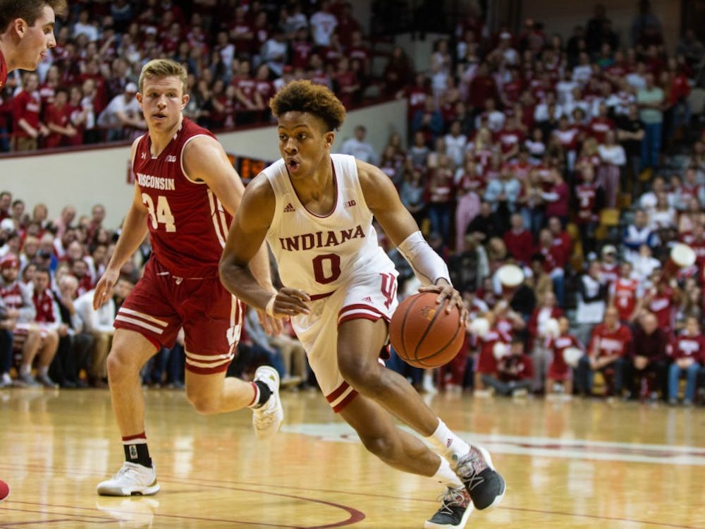 Freshman guard Romeo Langford runs the ball up the court Feb. 26 against Wisconsin in Simon Skjodt Assembly Hall. IU won, 75-73.&nbsp;